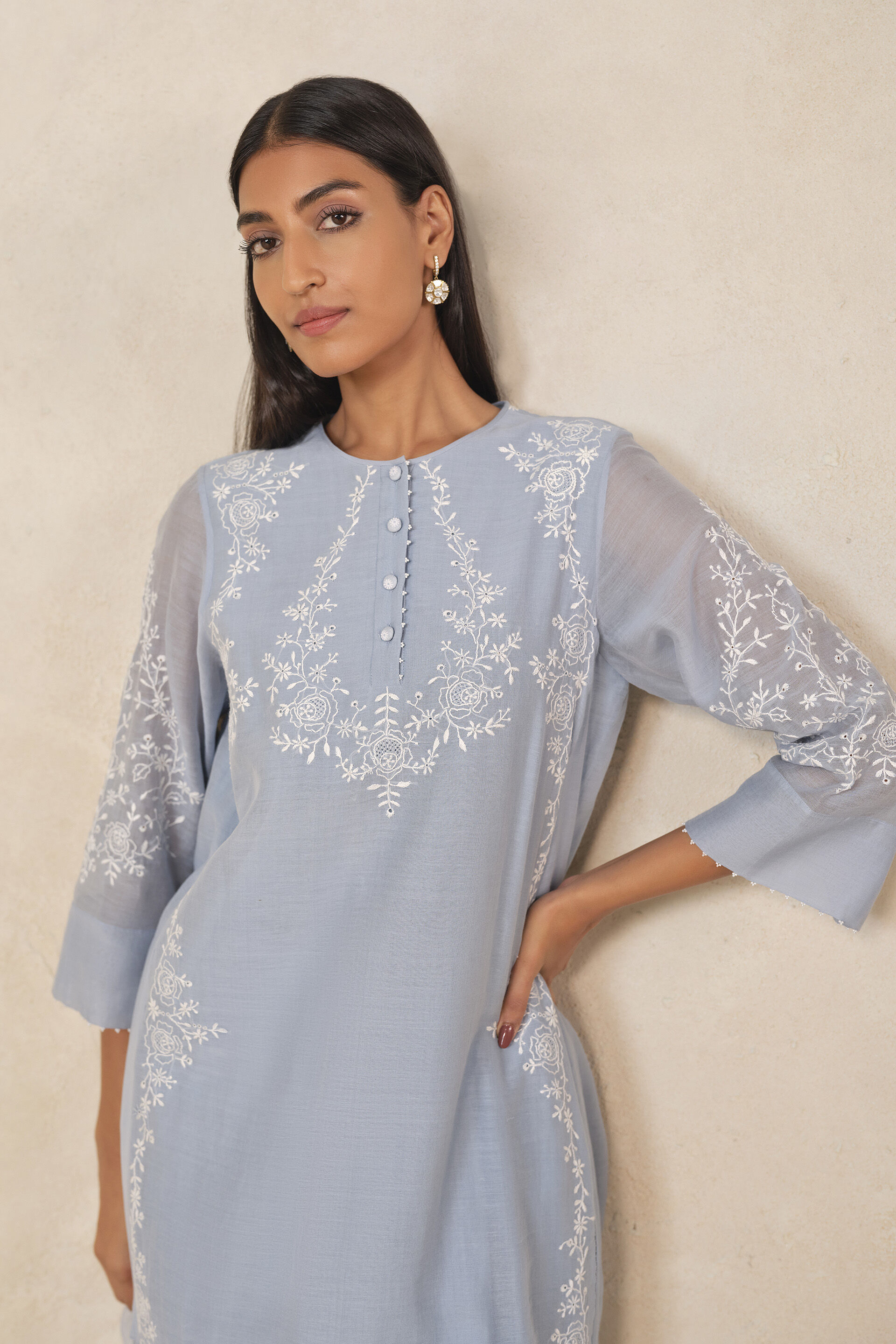 Haiku Chikankari Hand-embroidered Mul Kurta Set - Blue, Blue, image 4
